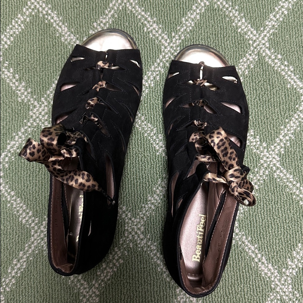 BeautiFeel Black and Leopard Lace-Up Sandals with stunning gold footbed.